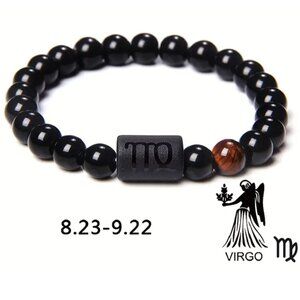 Virgo Zodiac Signs Charm Bracelet Natural 8mm Black Onyx Stone Beads